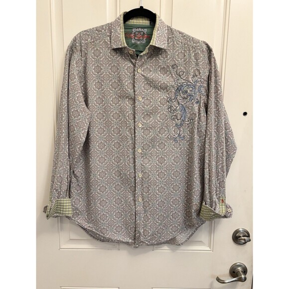 Robert Graham Gray embroidered Long Sleeve Flip Cuff Button Down Shirt Medium - Picture 1 of 12